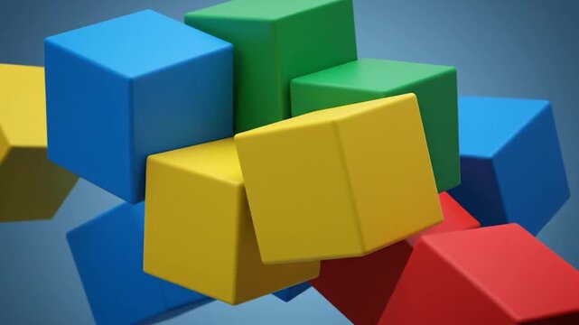 Colorful 3D geometric cubes floating, vibrant red, blue, green, yellow against blue