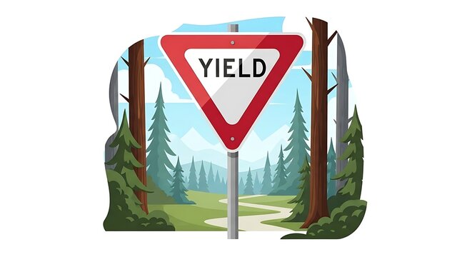 Yield Sign on Forest Road Illustration.