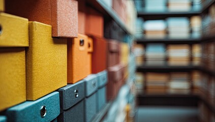 Colorful archive boxes fill shelves in a meticulously organized storage facility