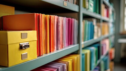 Colorful folders and boxes neatly organized on metal shelves in an archive
