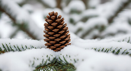 Snowy pinecone on frosty evergreen branch with snow covered needles winter landscape closeup