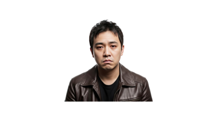 Sad Asian man in leather jacket