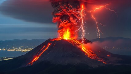 Spectacular volcanic eruption with lava flow and lightning illuminating the sky