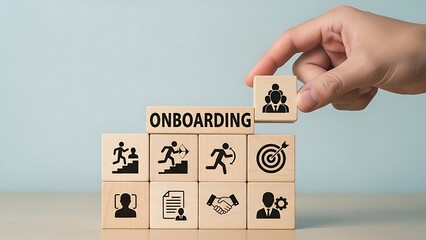 Onboarding and human resources concept with wooden blocks people teamwork