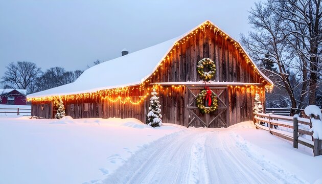 Snowy scene of a rustic barn lit with festive lights, wreaths, and Christmas cheer