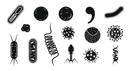 A collection of various black microbial forms and shapes depicted in a striking silhouette © Bsicon02