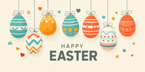 Happy Easter Celebration with Colorful Hanging Eggs on Yellow Background