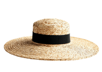 A natural-toned straw hat with a wide brim and a black band, isolated on a black background