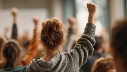 Crowd with arms raised in protest or solidarity