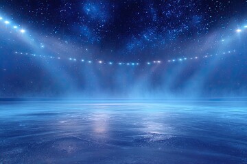 Vast icy surface under stadium lights, reflecting a starry, misty night sky