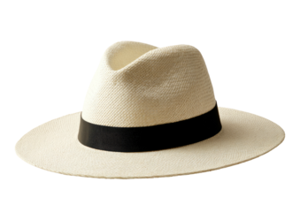 A close-up studio shot of a woven cream-colored hat with a black band, isolated on black
