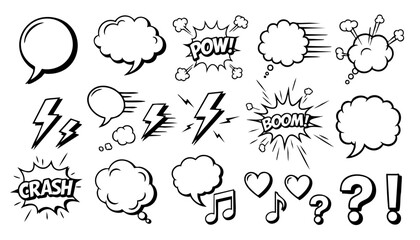 Comic boom cartoon effect line element set. Comic speech bubble pow, boom text, explosive splash smoke, wow cartoon vector icon. Hand drawn sketch doodle explosive element. Vector illustration. © Miftahul Nehar