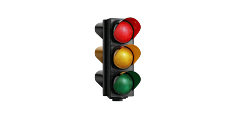 A vertical traffic light with red, yellow, and green lights illuminated against a black backdrop