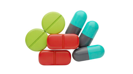 Colorful Pills and Capsules Pile on White Background