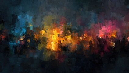Fototapeta premium Abstract cityscape painting with textured brushstrokes featuring vibrant colorful lights