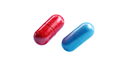 Two capsules in vivid colors, one red and one blue, against a stark, black background