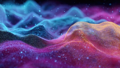 Abstract landscape featuring undulating, glowing shapes in shades of blue, purple, and orange