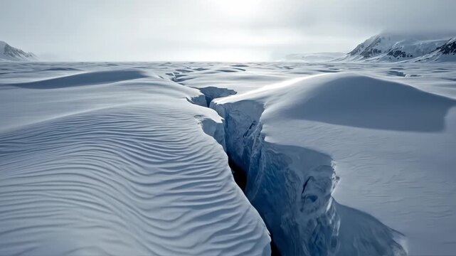 Dramatic deep crevasse in a vast, undulating snow and ice field under an overcast, bright sky, suggesting extreme cold and glacial landscape in antarctica or the arctic