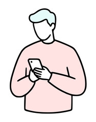 スマートフォンを見る男性：SNSやアプリの操作（シンプルな線画・ベクター）