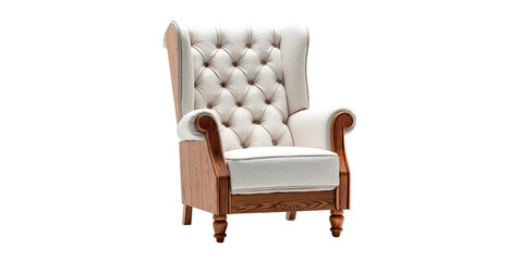 A regal armchair with a tufted back, wooden frame, and scrolled arms is set against a black background