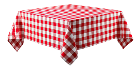 A three-dimensional rendering of a red and white checkered tablecloth with draped edges
