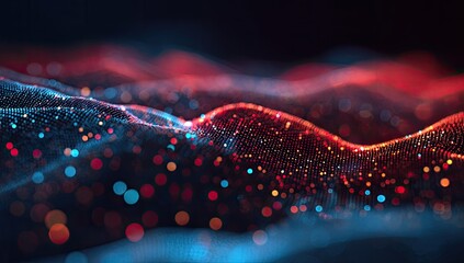 Abstract, digitally rendered waves of blue and red points flowing against a dark background