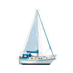 Illustration of a sailboat with white sails and blue accents against a transparent background
