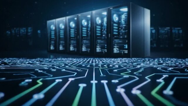 Glowing circuit board pathways lead to a row of illuminated server racks