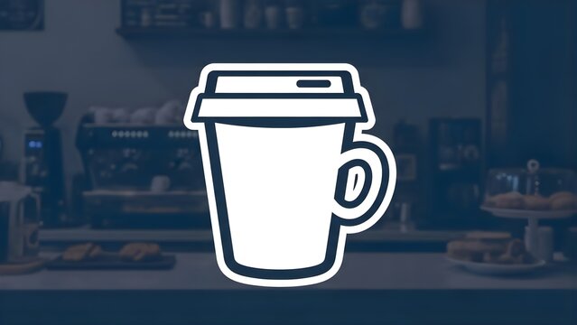 White line art icon of a coffee cup with lid and handle, against blurred coffee shop background, perfect for digital design, app interfaces, and beverage branding - Powered by Adobe