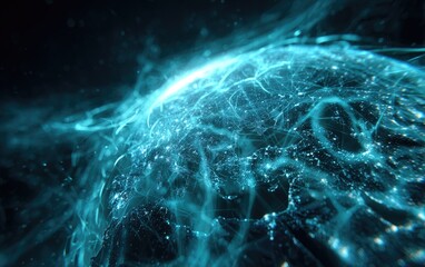 Abstract depiction of a glowing blue sphere with intricate light strands and particles in a dark void