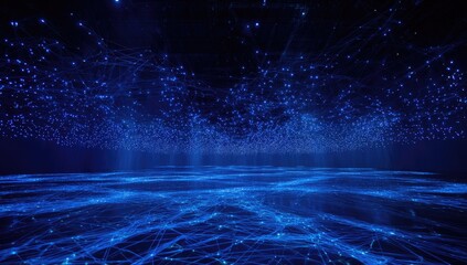 A digital rendering showing a network of blue nodes and lines against a dark backdrop