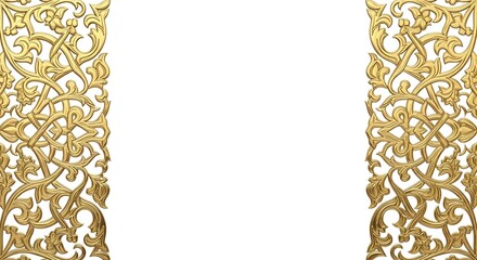 Luxurious golden ornamental frames with elaborate filigree details flanking a pristine white backdrop, perfect for elegant design or festive decoration
