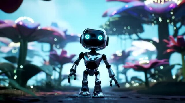 Small metallic robot with glowing blue eyes exploring fantastical garden environment