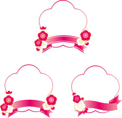Japanese style label set with plum blossoms and pink ribbons. Decorative frames for spring, New Year, and celebrations.
