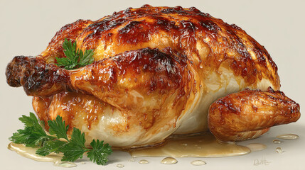 A hyper-realistic golden-brown roast chicken, meticulously detailed, succulent skin, on a pristine white backdrop