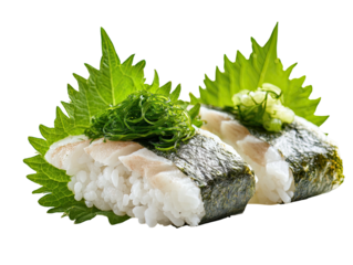 Close-up of two pieces of sushi, featuring rice, seaweed, fish, and garnishes