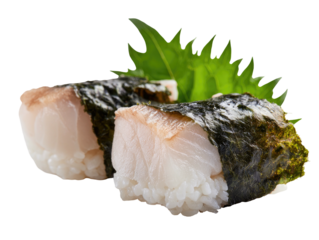 Close-up view of two sushi pieces, each with white rice, fish, seaweed wrap, & green leaf