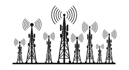 A striking black and white depiction of multiple communication towers against a plain background silhouette © Bsicon02