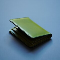 Elegant green leather wallet on blue background, stylish accessory