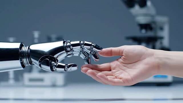 Metallic robot hand touches human palm in a scientific setting, symbolizing future interaction