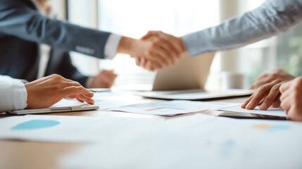 Business professionals negotiating a deal with a handshake over a conference table.