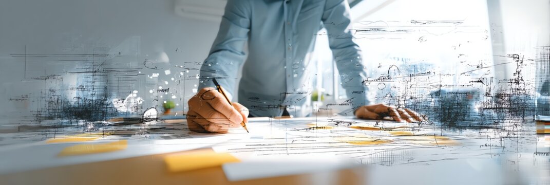 An employee working on a project plan with graphs and documents in a modern office.