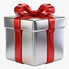 white gift with red ribbon