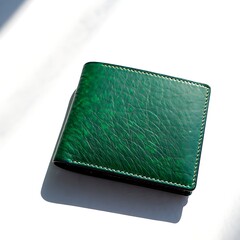 Luxurious green leather wallet with yellow stitching on white background