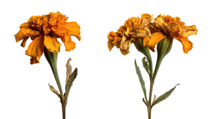 Fototapeta premium Two orange marigold blossoms on green stems isolated on a stark, black background