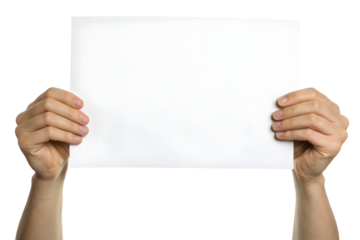 Two hands hold blank white paper isolated on a transparent background