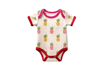 Adorable baby bodysuit featuring a pineapple pattern with pink polka dots and red trim