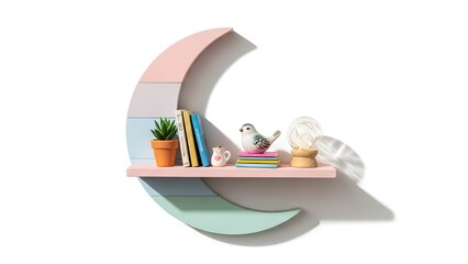 Pastel moon-shaped wall shelf with miniature decor and isolated on white background