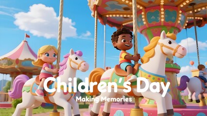 Fototapeta premium Joyful children celebrate children's day while riding a colorful carousel