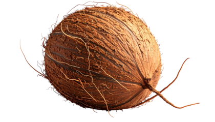 A brown, fibrous coconut rests against a black background, with prominent husk details